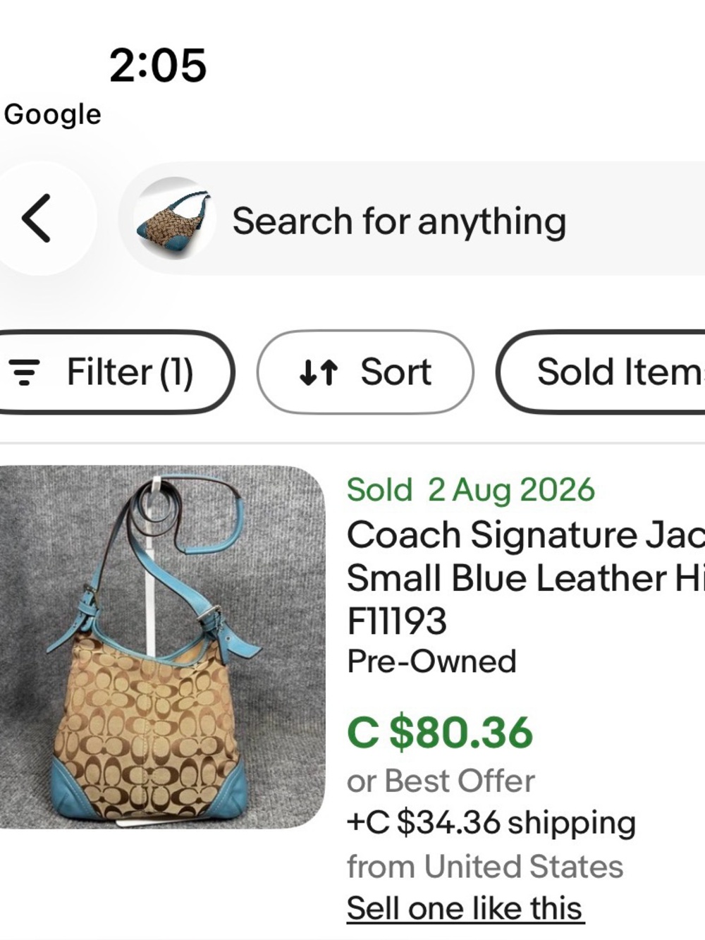 Coach Brown Signature Canvas Shoulder Bag with Teal Trim - Picture 2 of 3